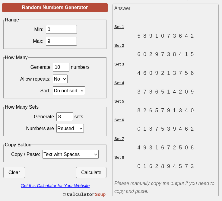 Squares Random number 8 draws